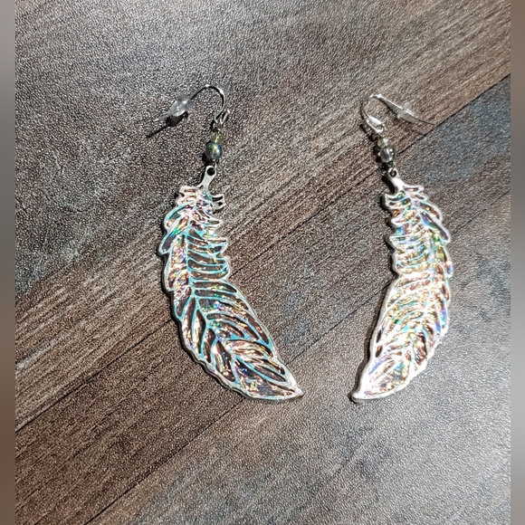 Handmade Iridescent Cellophane Wrap Feather Earrings - Picture 3 of 5